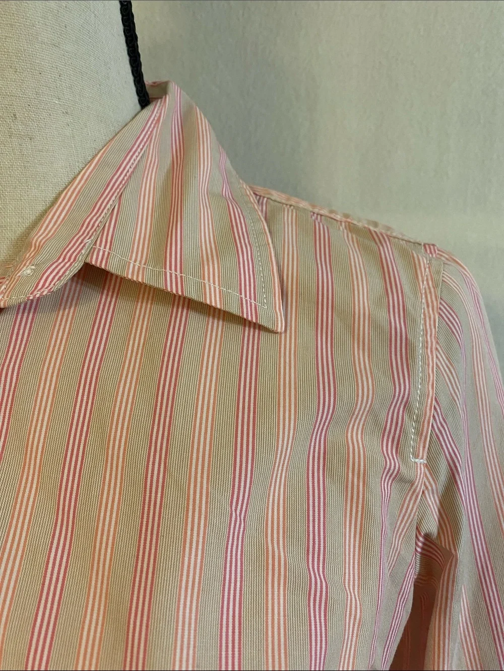 J. Crew 3/4 sleeve pink brown white striped cotton button down shirt